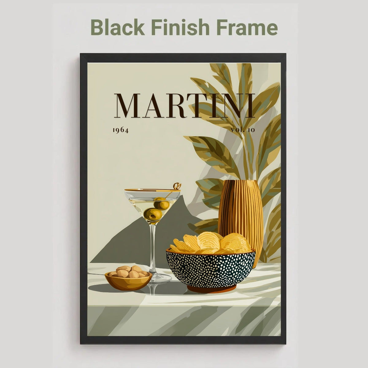 A framed art print featuring a retro-style Martini poster with a martini glass, olives, chips, and a striped vase, shown on a light gray background with the text 'Black Finish Frame' above it.