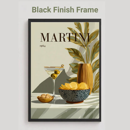 A framed art print featuring a retro-style Martini poster with a martini glass, olives, chips, and a striped vase, shown on a light gray background with the text 'Black Finish Frame' above it.