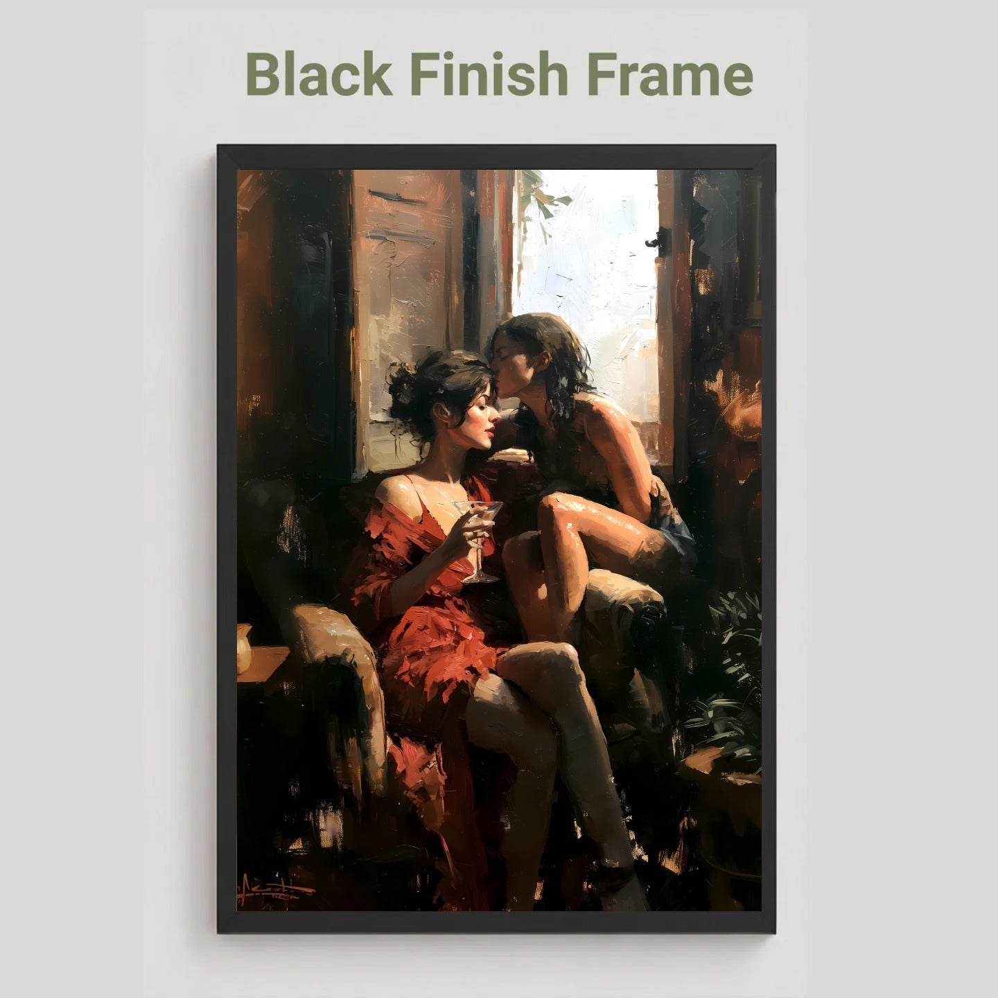 A framed art print featuring an impressionistic painting of two women sitting by a window, with the text 'Black Finish Frame' above it on a light gray background.