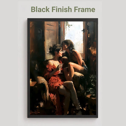 A framed art print featuring an impressionistic painting of two women sitting by a window, with the text 'Black Finish Frame' above it on a light gray background.