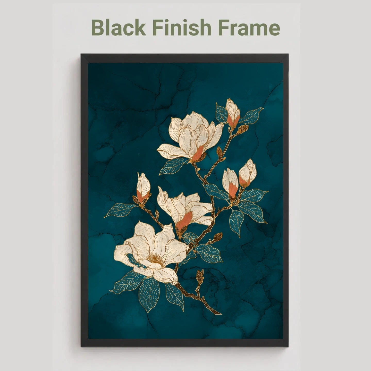 A framed wall art print featuring white magnolia flowers with green leaves on a dark teal marbled background, shown with a black frame and the text 'Black Finish Frame' above it on a light gray background.