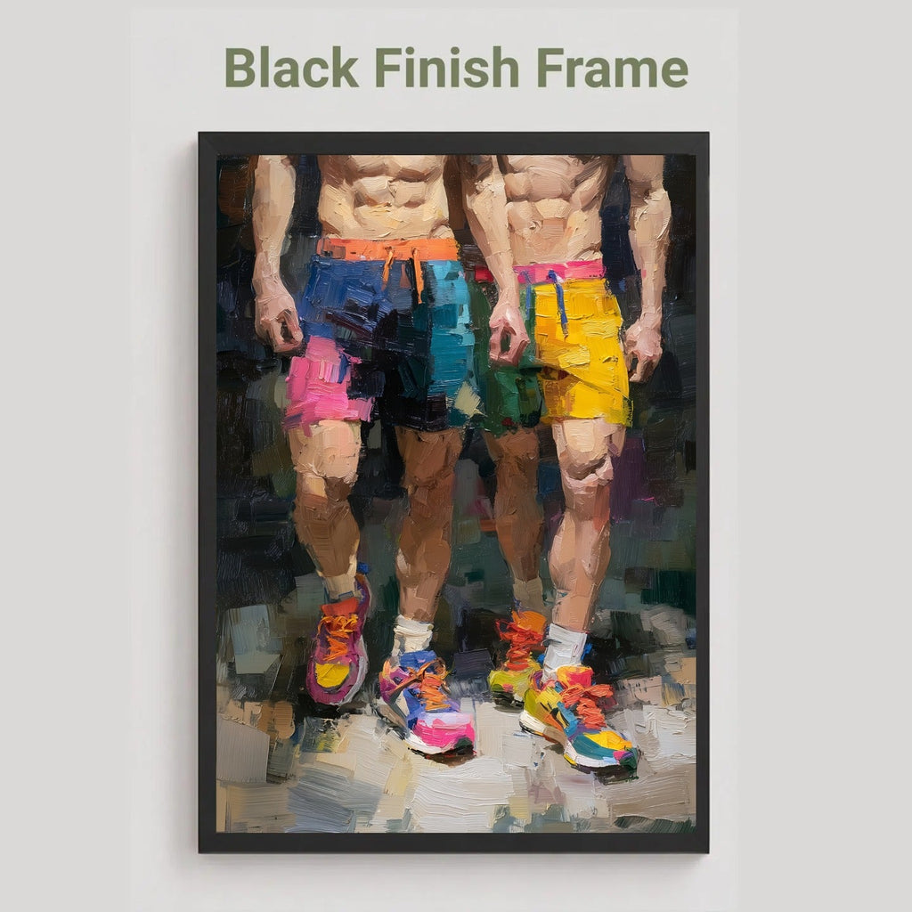 Two of a Kind gay couple print in the black finish frame option, two men in colourful shorts and running trainers, labelled Black Finish Frame