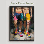 Two of a Kind gay couple print in the black finish frame option, two men in colourful shorts and running trainers, labelled Black Finish Frame
