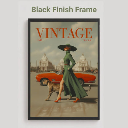 A framed vintage-style poster print with the text 'Black Finish Frame' above it. The artwork shows a woman in a long green dress and wide black hat walking beside a red convertible car and a leopard, with domed buildings in the background.