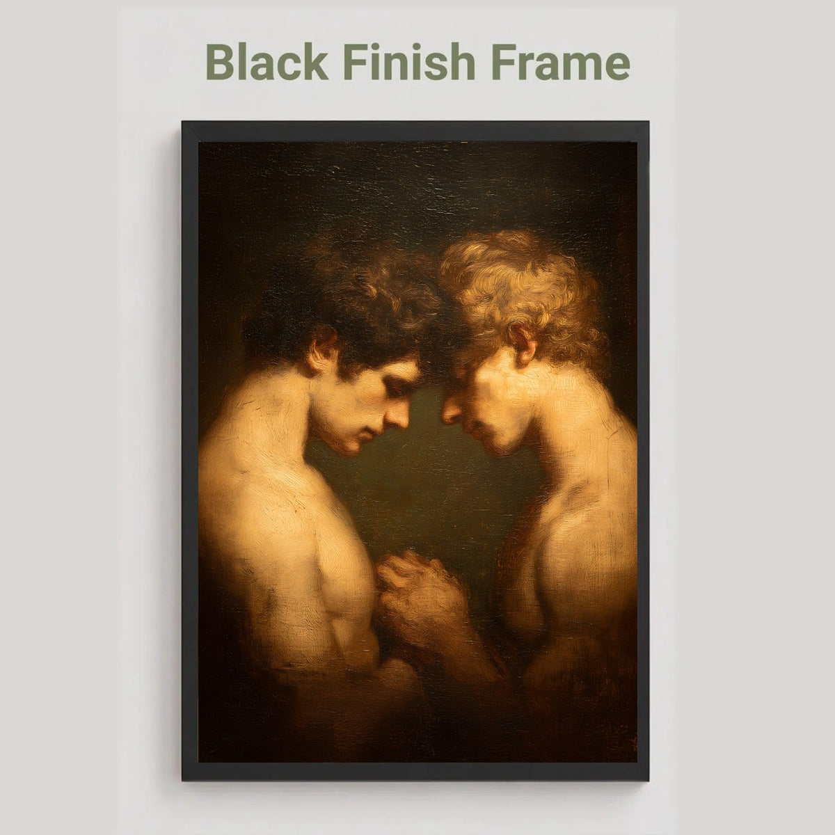 A framed art print featuring a classical painting of two facing nude figures, shown with a black frame on a light gray background with the text 'Black Finish Frame' above it.