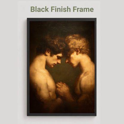 A framed art print featuring a classical painting of two facing nude figures, shown with a black frame on a light gray background with the text 'Black Finish Frame' above it.