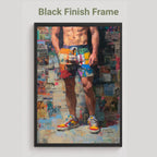 Front Page print in a black frame finish, labelled Black Finish Frame, showing a man in colourful patchwork shorts and trainers against a magazine collage background.