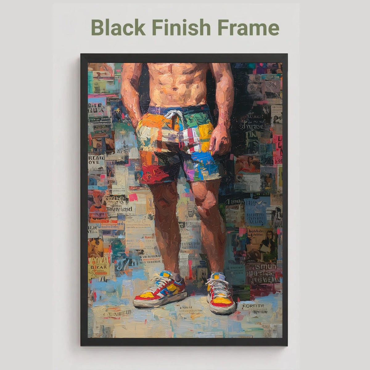 Front Page print in a black frame finish, labelled Black Finish Frame, showing a man in colourful patchwork shorts and trainers against a magazine collage background.