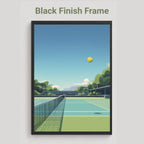 A framed art print featuring a minimalist vector illustration of a tennis court under a blue sky, with the text 'Black Finish Frame' above it on a light gray background.