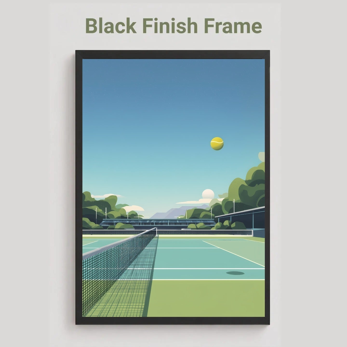 A framed art print featuring a minimalist vector illustration of a tennis court under a blue sky, with the text 'Black Finish Frame' above it on a light gray background.