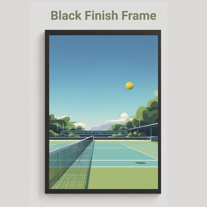 A framed art print featuring a minimalist vector illustration of a tennis court under a blue sky, with the text 'Black Finish Frame' above it on a light gray background.
