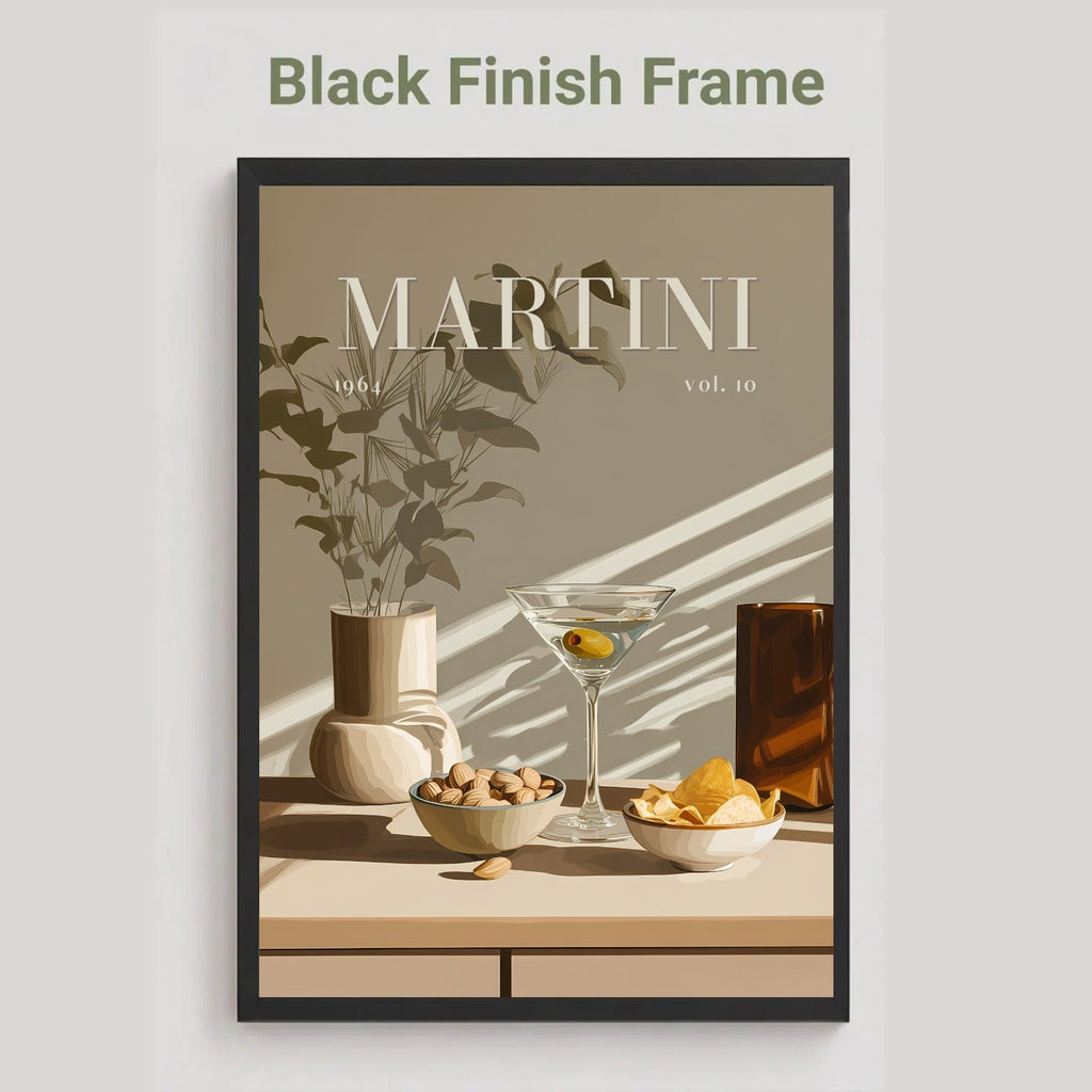 A framed art print featuring a minimalist Martini still life with a martini glass, bowls of snacks, and a vase with leaves, presented in a black finish frame against a light gray background with the text 'Black Finish Frame' above it.
