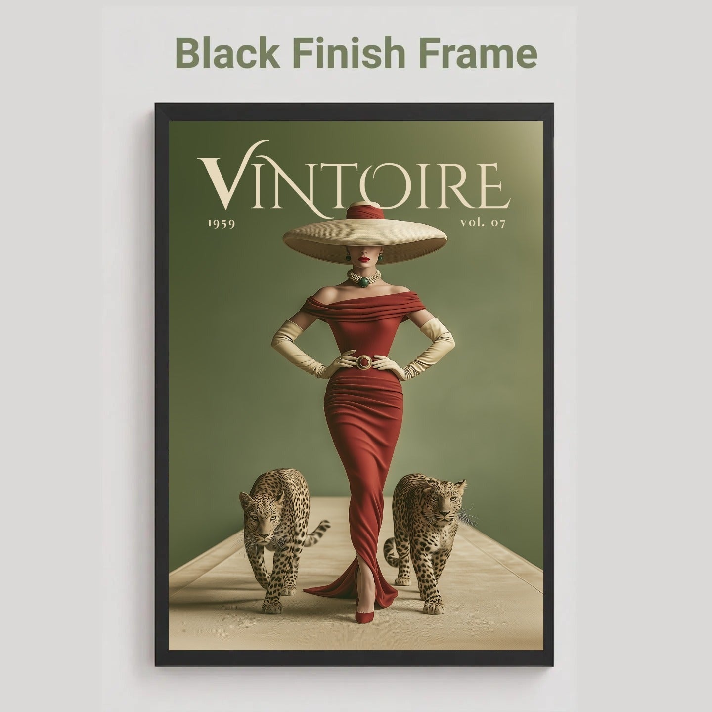 A framed art print featuring a vintage fashion illustration with the title 'VINTOIRE 1959 VOL. 92 NO.