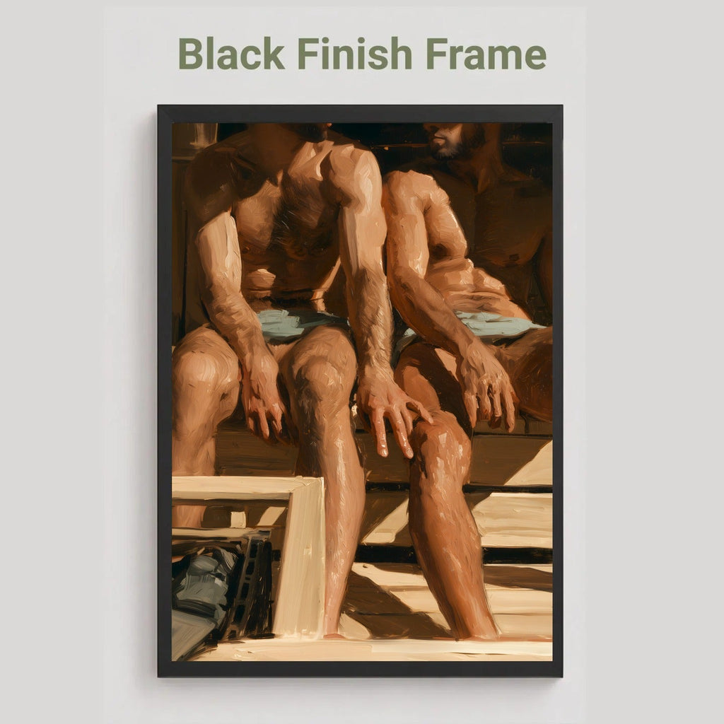 A framed art print featuring a warm-toned photograph of seated muscular men, displayed against a light gray background with the text 'Black Finish Frame' above it.