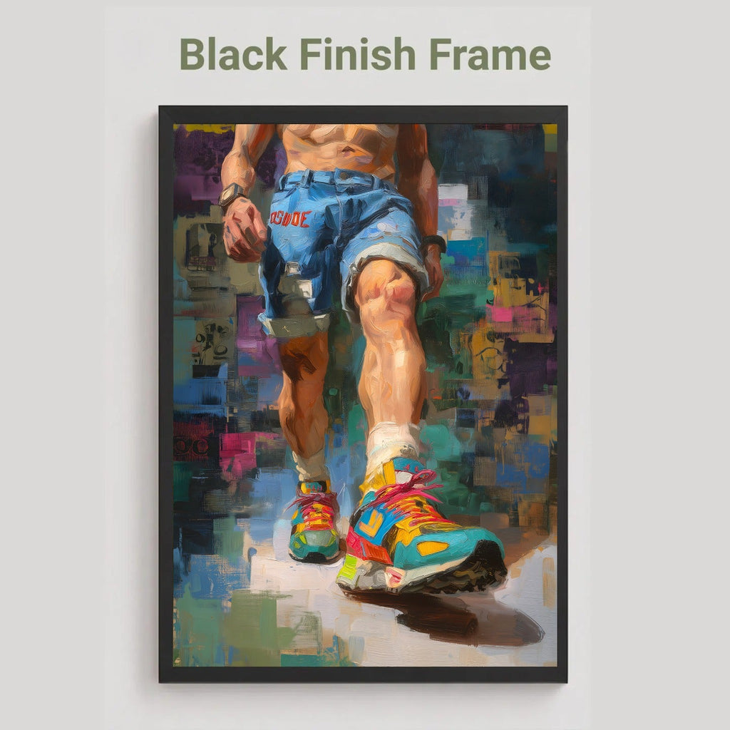 Step Forward gay art print in the black finish frame option, a man striding forward in denim shorts and bright trainers, labelled Black Finish Frame