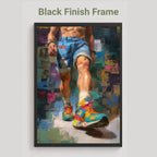 Step Forward gay art print in the black finish frame option, a man striding forward in denim shorts and bright trainers, labelled Black Finish Frame