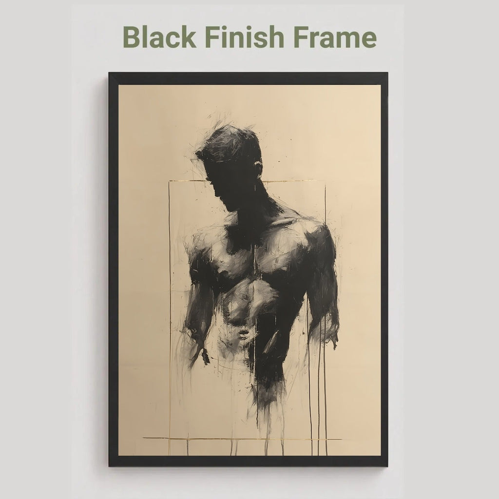 A framed art print featuring a black ink figure drawing on a warm beige background, shown with the text 'Black Finish Frame' above it against a light gray wall.