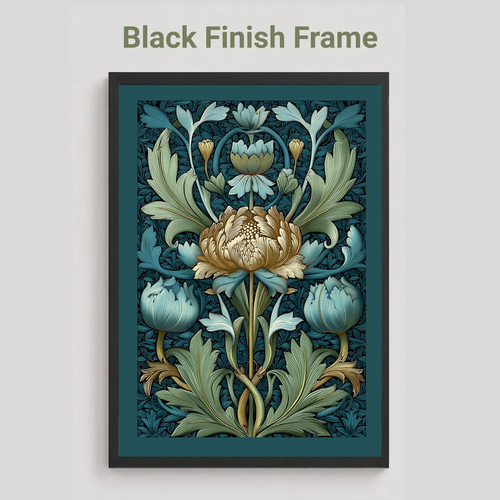 A framed floral art print with a black frame, featuring a central cream flower and blue-green botanical motifs on a dark teal background, shown against a light gray wall with the text 'Black Finish Frame' above it.