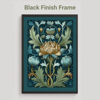 A framed floral art print with a black frame, featuring a central cream flower and blue-green botanical motifs on a dark teal background, shown against a light gray wall with the text 'Black Finish Frame' above it.