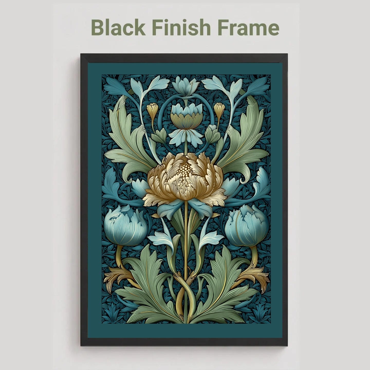 A framed floral art print with a black frame, featuring a central cream flower and blue-green botanical motifs on a dark teal background, shown against a light gray wall with the text 'Black Finish Frame' above it.