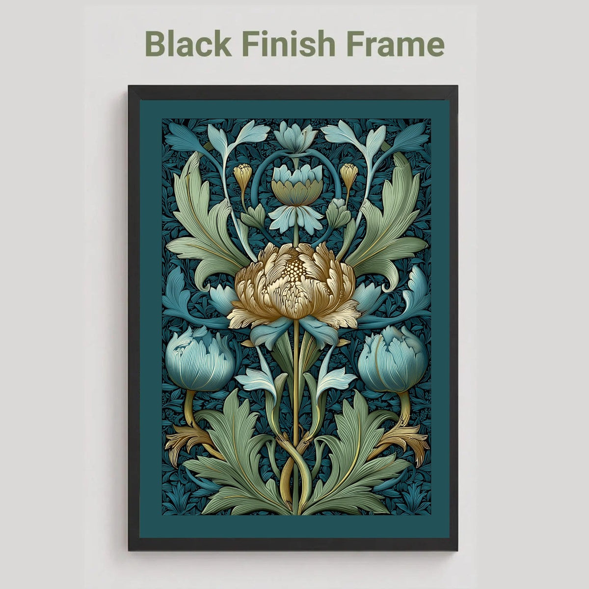A framed floral art print with a black frame, featuring a central cream flower and blue-green botanical motifs on a dark teal background, shown against a light gray wall with the text 'Black Finish Frame' above it.