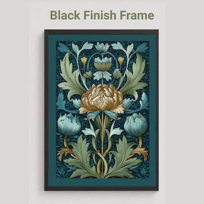 A framed floral art print with a black frame, featuring a central cream flower and blue-green botanical motifs on a dark teal background, shown against a light gray wall with the text 'Black Finish Frame' above it.