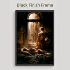A framed art print featuring a dark, dramatic classical painting of a figure kneeling by a window, shown against a light gray background with the text 'Black Finish Frame' above it.