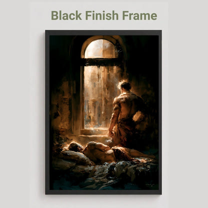 A framed art print featuring a dark, dramatic classical painting of a figure kneeling by a window, shown against a light gray background with the text 'Black Finish Frame' above it.