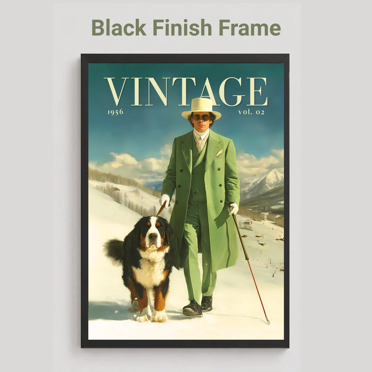 A framed vintage-style poster or print hangs on a light gray wall. The artwork shows a man in a green coat walking in the snow with a dog, under a large 'VINTAGE' title.