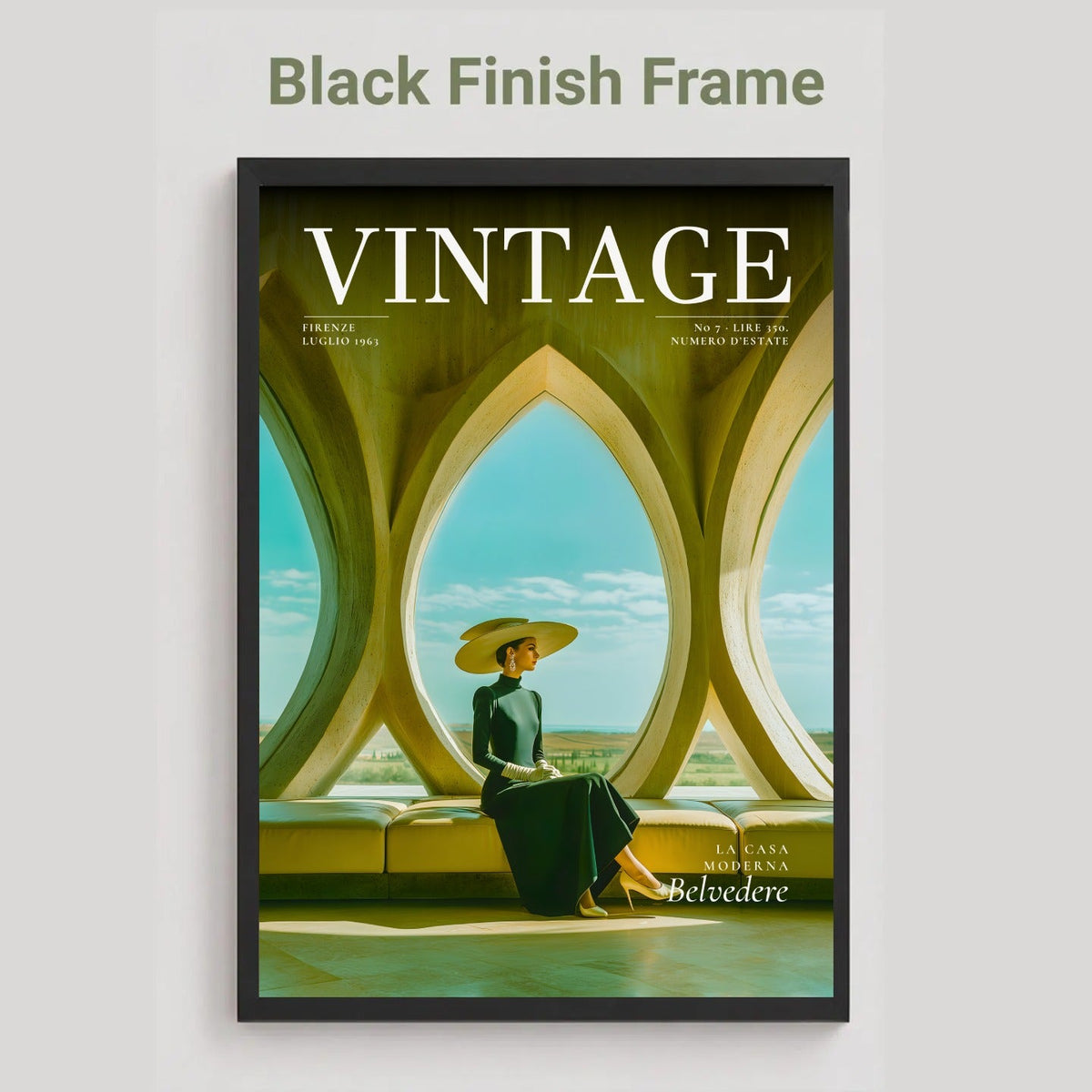 A framed vintage-style poster or magazine cover design shown against a light gray background, with the text 'Black Finish Frame' above it. The artwork features a seated woman in a dark dress and wide-brim hat looking out through large arched windows.