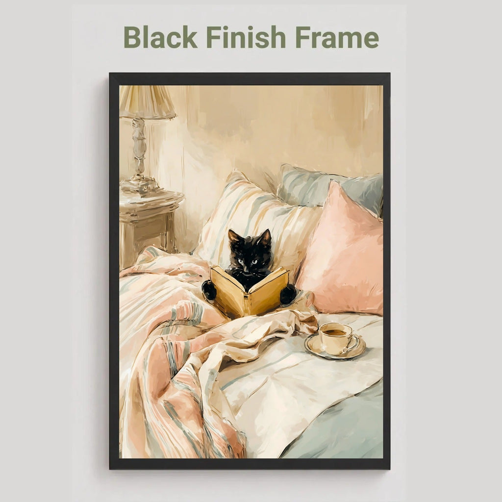 Black finish frame option showing the black cat reading a book in bed print in blush pink and cream tones.