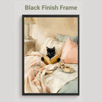 Black finish frame option showing the black cat reading a book in bed print in blush pink and cream tones.