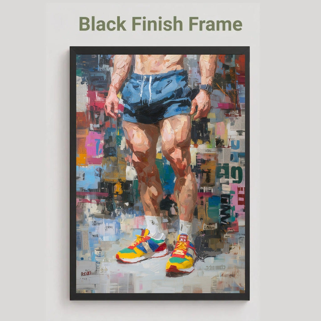 Newsprint print in a black frame finish, labelled Black Finish Frame, showing an athlete in blue running shorts and bright trainers against a newspaper collage background.