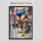 Newsprint print in a black frame finish, labelled Black Finish Frame, showing an athlete in blue running shorts and bright trainers against a newspaper collage background.