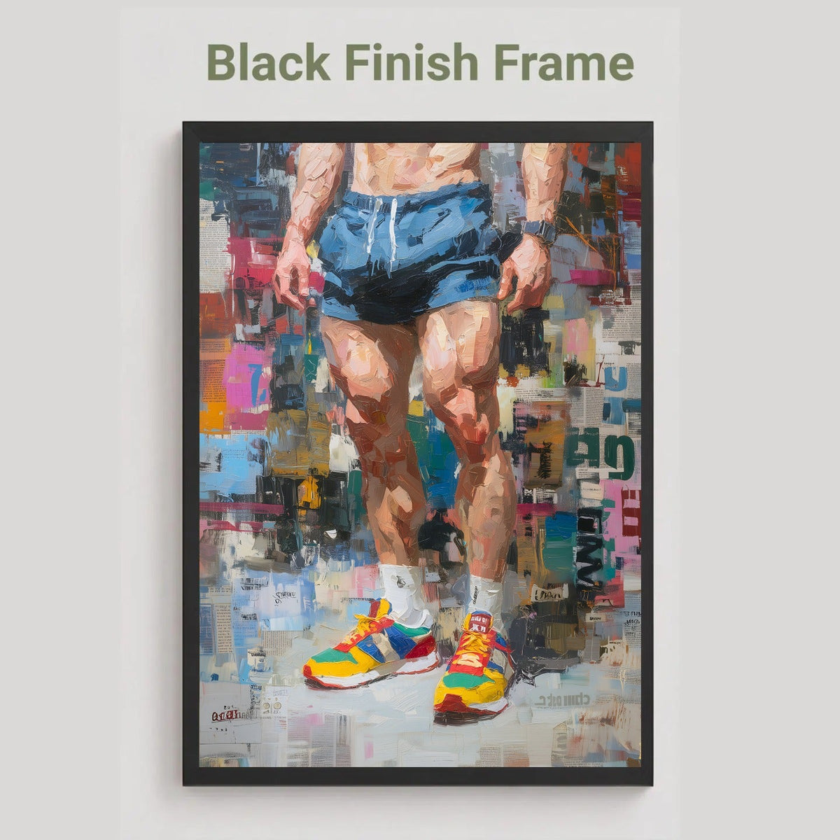 Newsprint print in a black frame finish, labelled Black Finish Frame, showing an athlete in blue running shorts and bright trainers against a newspaper collage background.