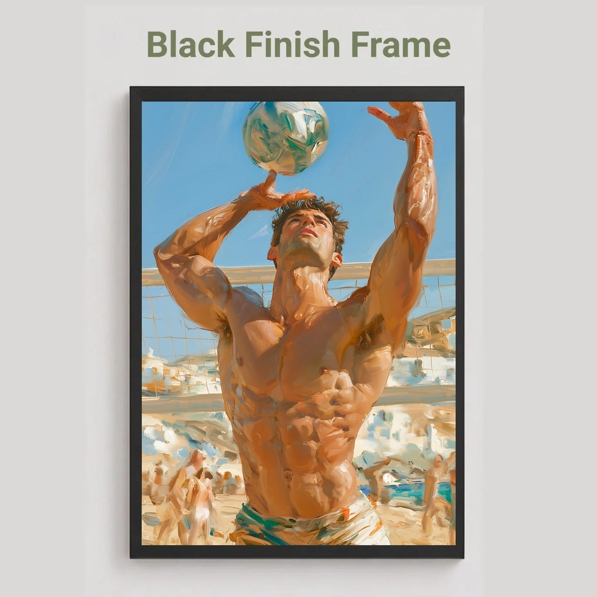 A framed poster or art print hanging on a light gray wall, with the text 'Black Finish Frame' above it. The artwork shows a shirtless male athlete balancing a soccer ball on his head in an outdoor beach or stadium setting under a blue sky.