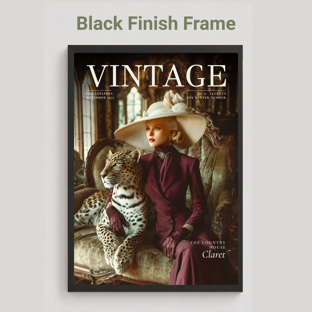 A framed vintage magazine cover titled VINTAGE, shown against a light gray background with the text 'Black Finish Frame' above it. The cover features a woman in a wide-brimmed hat and dark dress seated beside a leopard on an ornate chair.