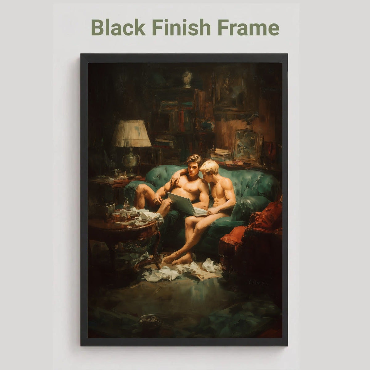A framed art print featuring a dark, moody painting of two shirtless men sitting on a green couch in a cluttered room. The frame is black, and the text 'Black Finish Frame' appears above the product on a light gray background.