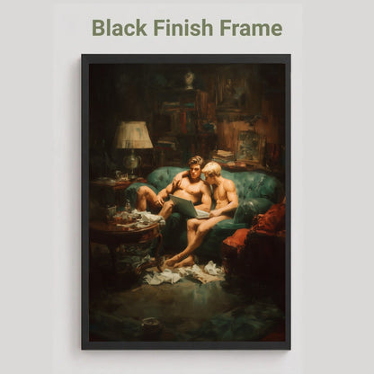 A framed art print featuring a dark, moody painting of two shirtless men sitting on a green couch in a cluttered room. The frame is black, and the text 'Black Finish Frame' appears above the product on a light gray background.