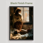 A framed art print featuring a dark, moody painting of a woman standing by a window with a body on the floor, shown against a light gray background with the text 'Black Finish Frame' above it. Sapphic, wlw.