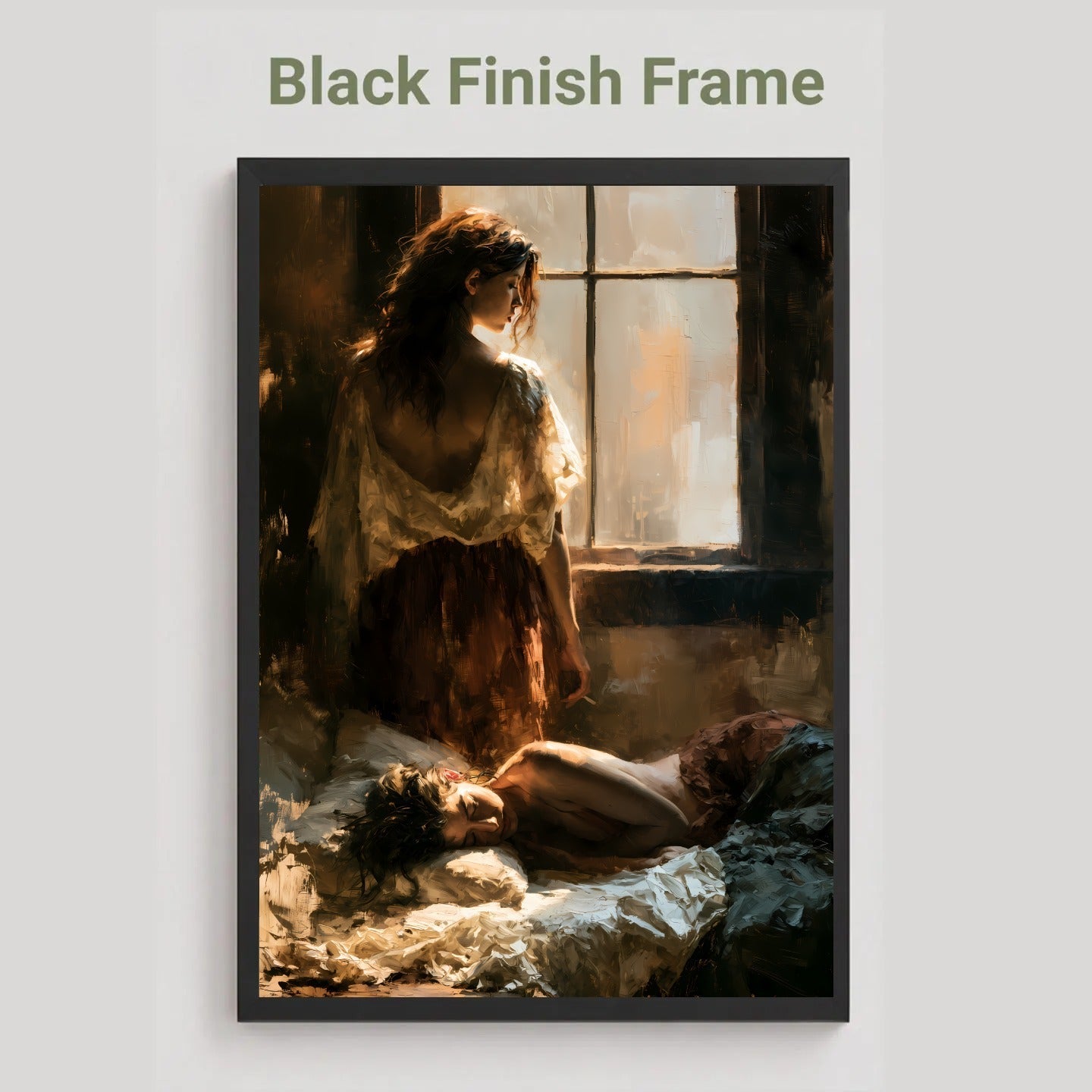 A framed art print featuring a dark, moody painting of a woman standing by a window with a body on the floor, shown against a light gray background with the text 'Black Finish Frame' above it. Sapphic, wlw.