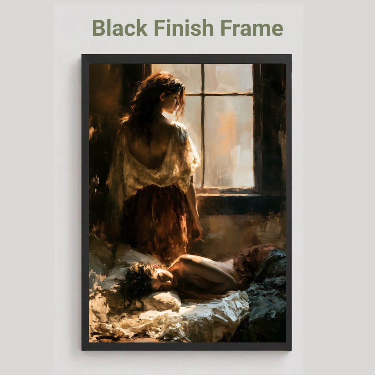 A framed art print featuring a dark, moody painting of a woman standing by a window with a body on the floor, shown against a light gray background with the text 'Black Finish Frame' above it. Sapphic, wlw.