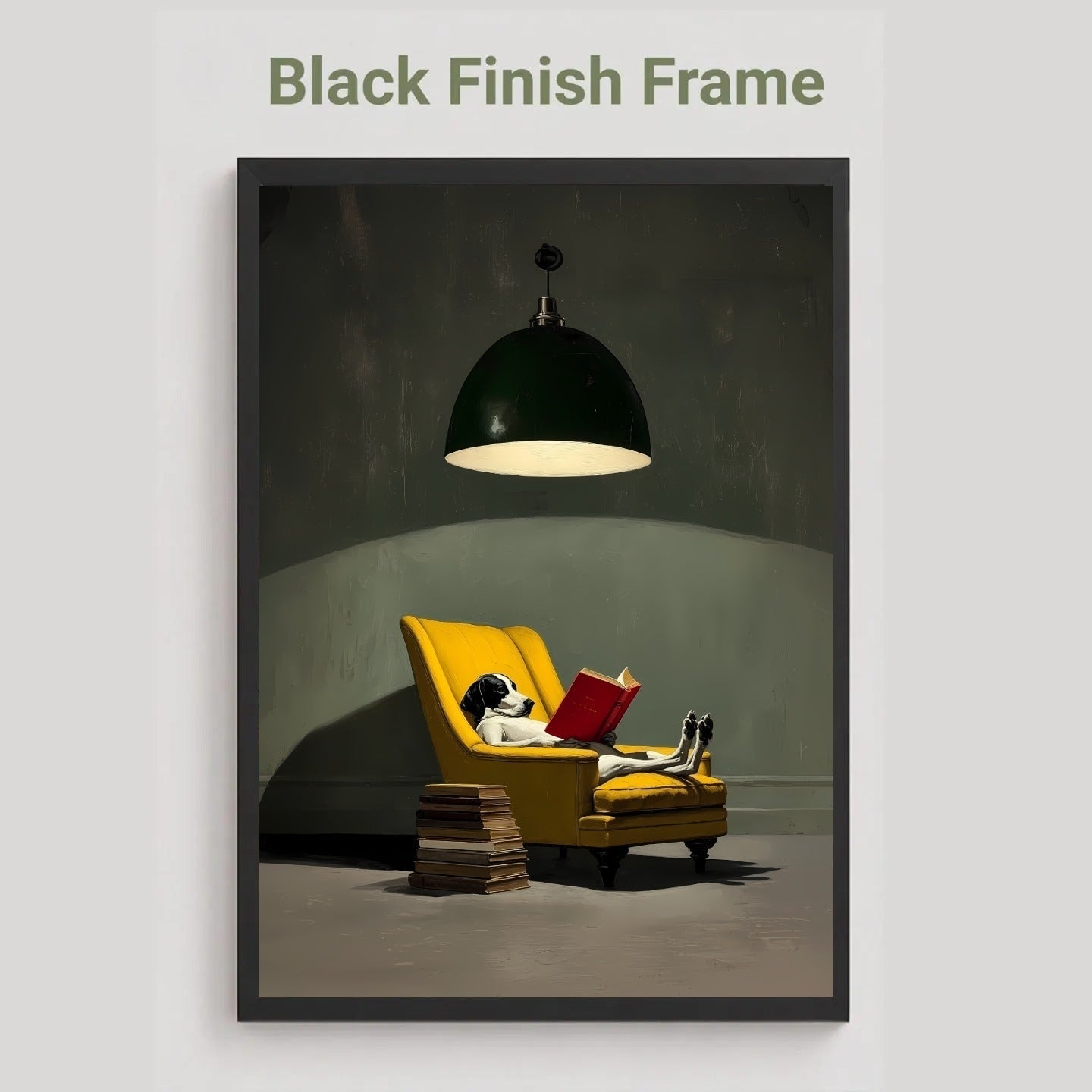A framed art print featuring a cozy scene of a dog reading a red book in a yellow armchair under a hanging lamp, displayed on a light gray background with the text 'Black Finish Frame' above it.