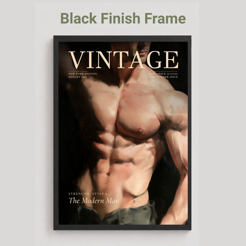 A framed poster or print featuring a muscular male torso with the word 'VINTAGE' across the top, shown against a light gray background. Text above the frame reads 'Black Finish Frame.