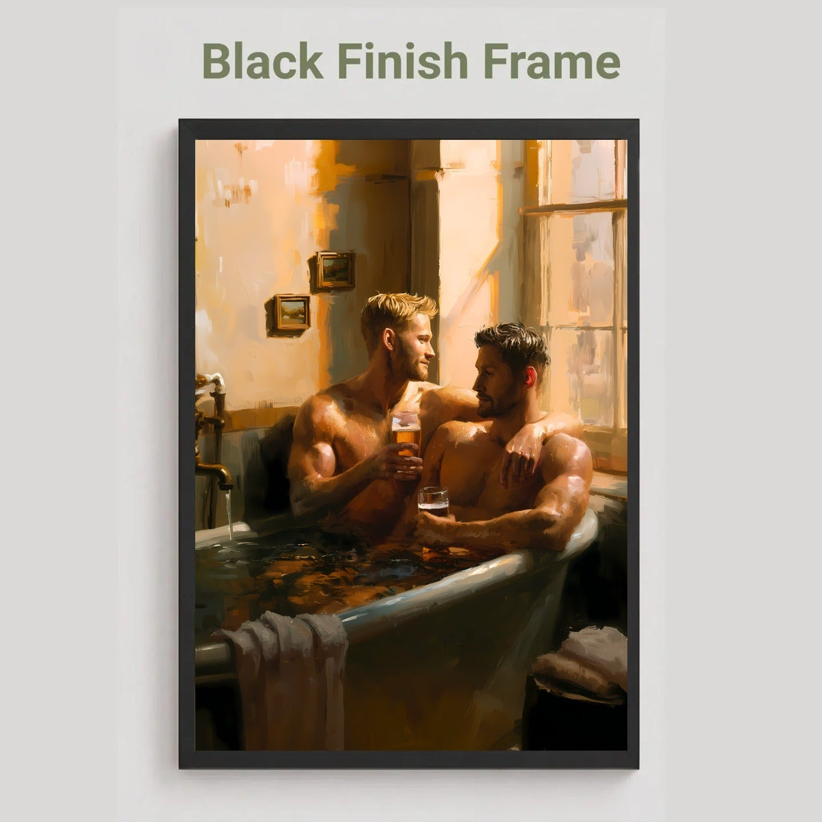 A framed art print featuring a warm-toned painting of two men sitting in a bathtub by a window, shown against a light gray background with the text 'Black Finish Frame' above it.