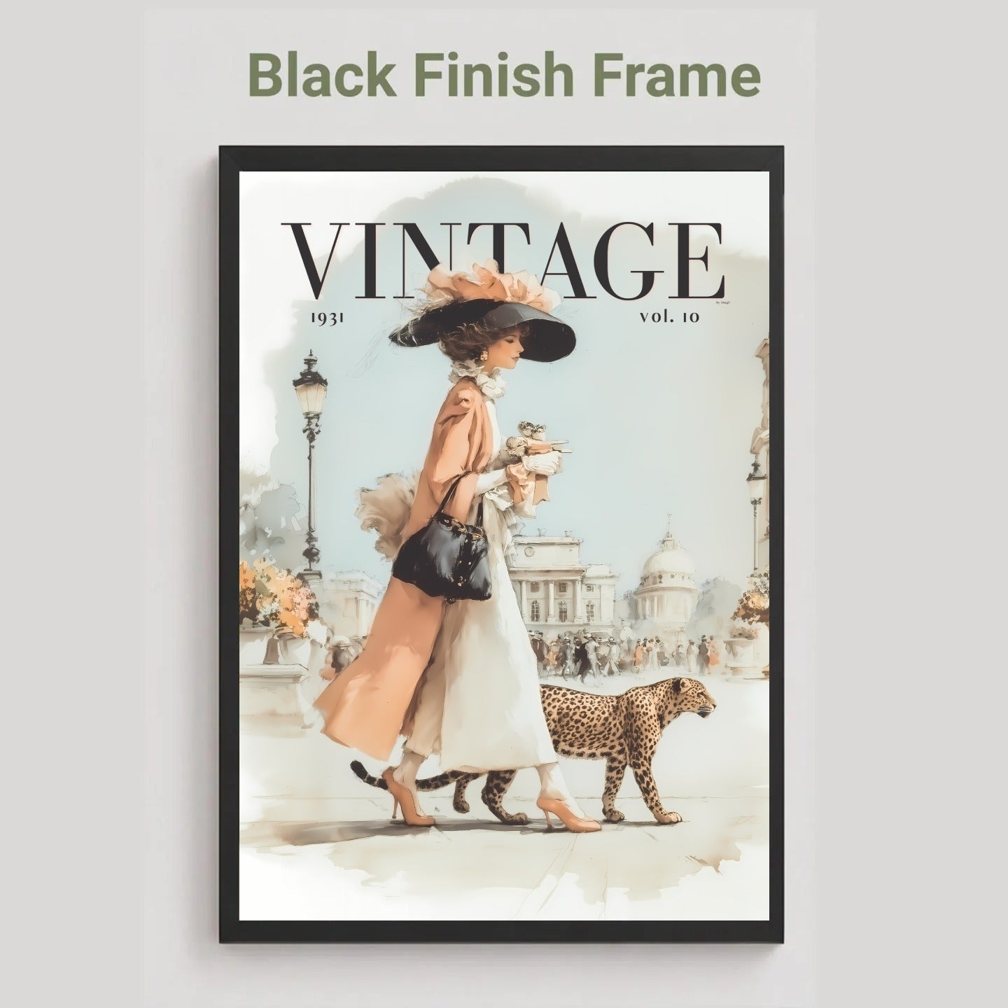 A framed vintage-style art print featuring a woman in a peach dress and black hat walking with a leopard, with the word VINTAGE at the top. The frame is black, and the image is shown against a light gray background with the text 'Black Finish Frame' above.