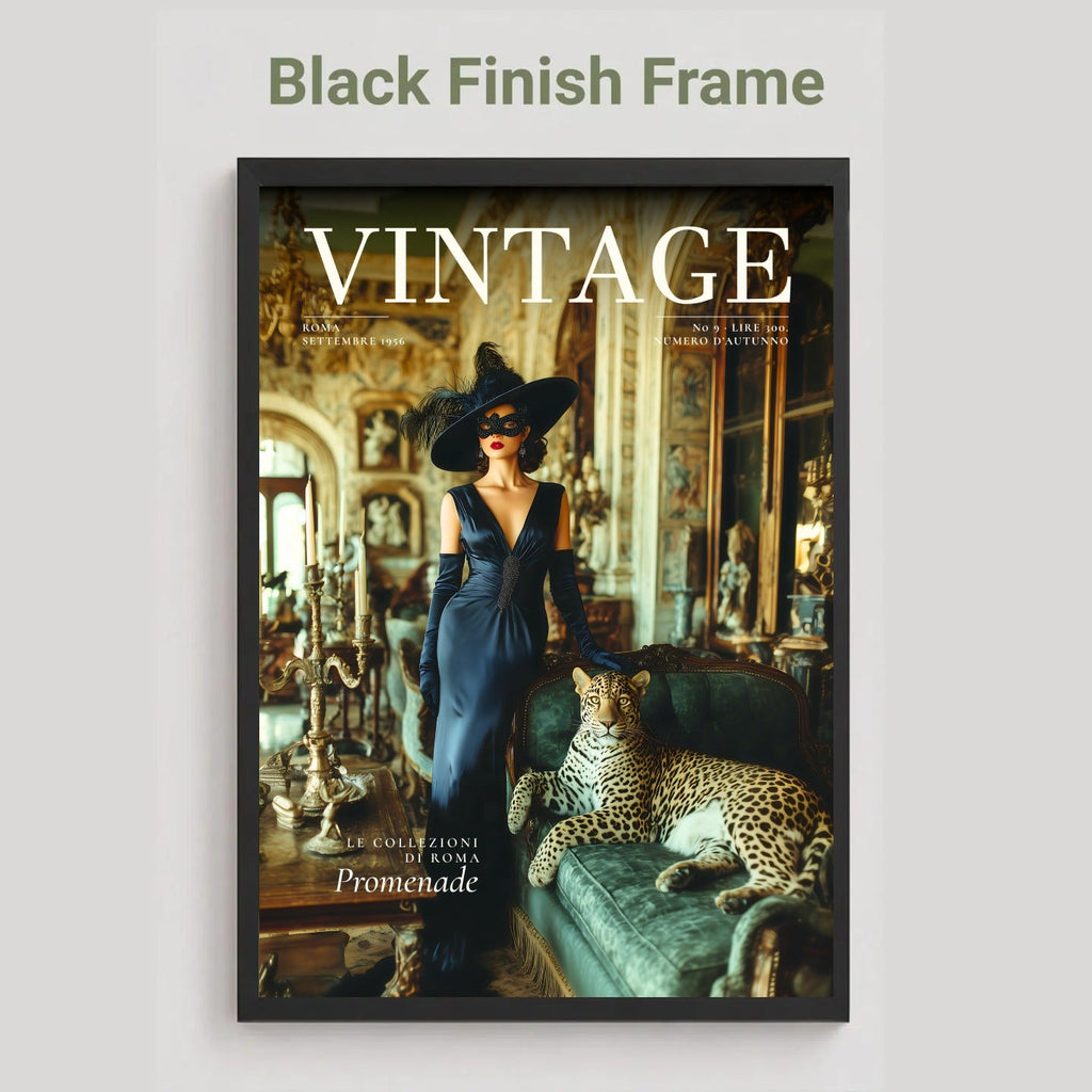 A framed vintage magazine cover titled VINTAGE, shown against a light gray background with the text 'Black Finish Frame' above it. The cover features a woman in a dark blue dress and hat standing beside a leopard on a green sofa in an ornate interior.