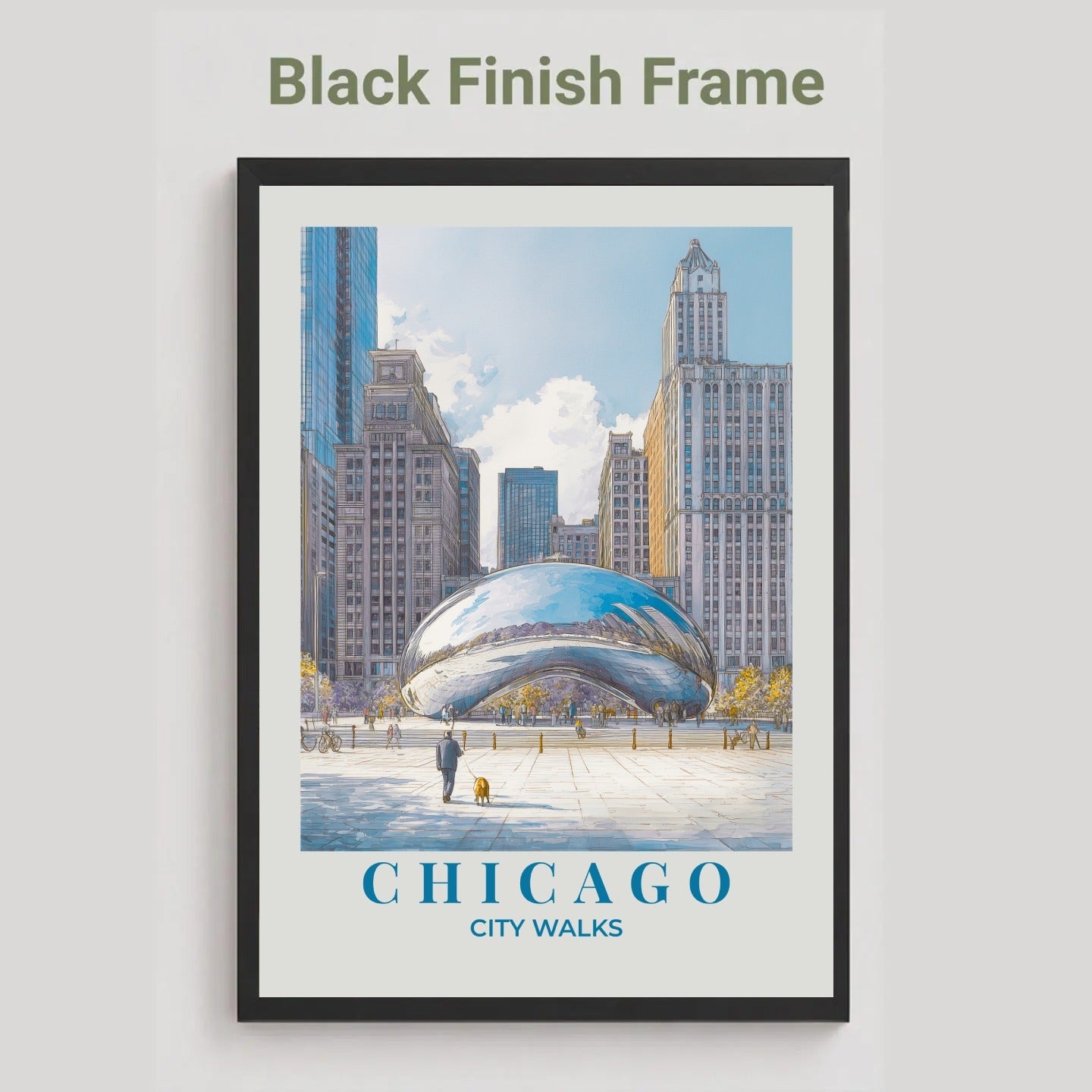 Framed poster of Chicago with a black finish frame on a light gray background