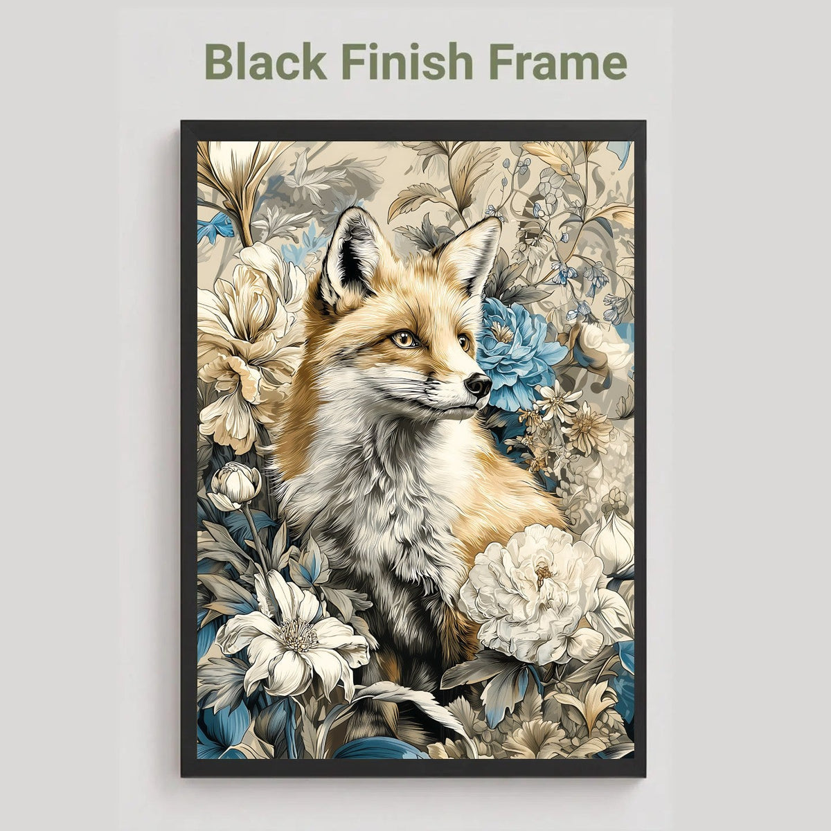 A framed art print featuring a detailed illustration of a fox surrounded by cream and blue flowers, displayed on a light gray background with the text 'Black Finish Frame' above it.