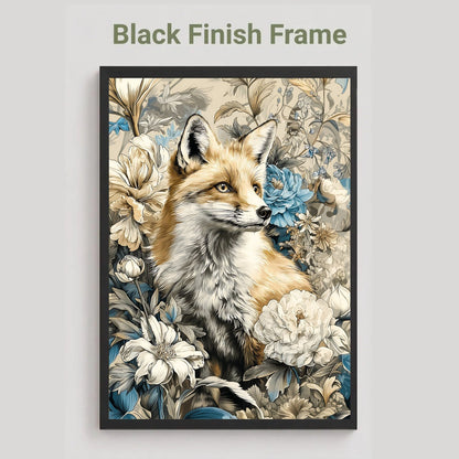 A framed art print featuring a detailed illustration of a fox surrounded by cream and blue flowers, displayed on a light gray background with the text 'Black Finish Frame' above it.